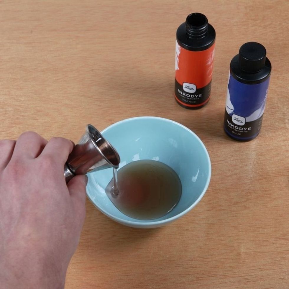 Use equal parts blue & orange. Feel free to play around with different ratios to come up with your own color variation! Inkodye may also be diluted with water to extend its use and create pastel hues.