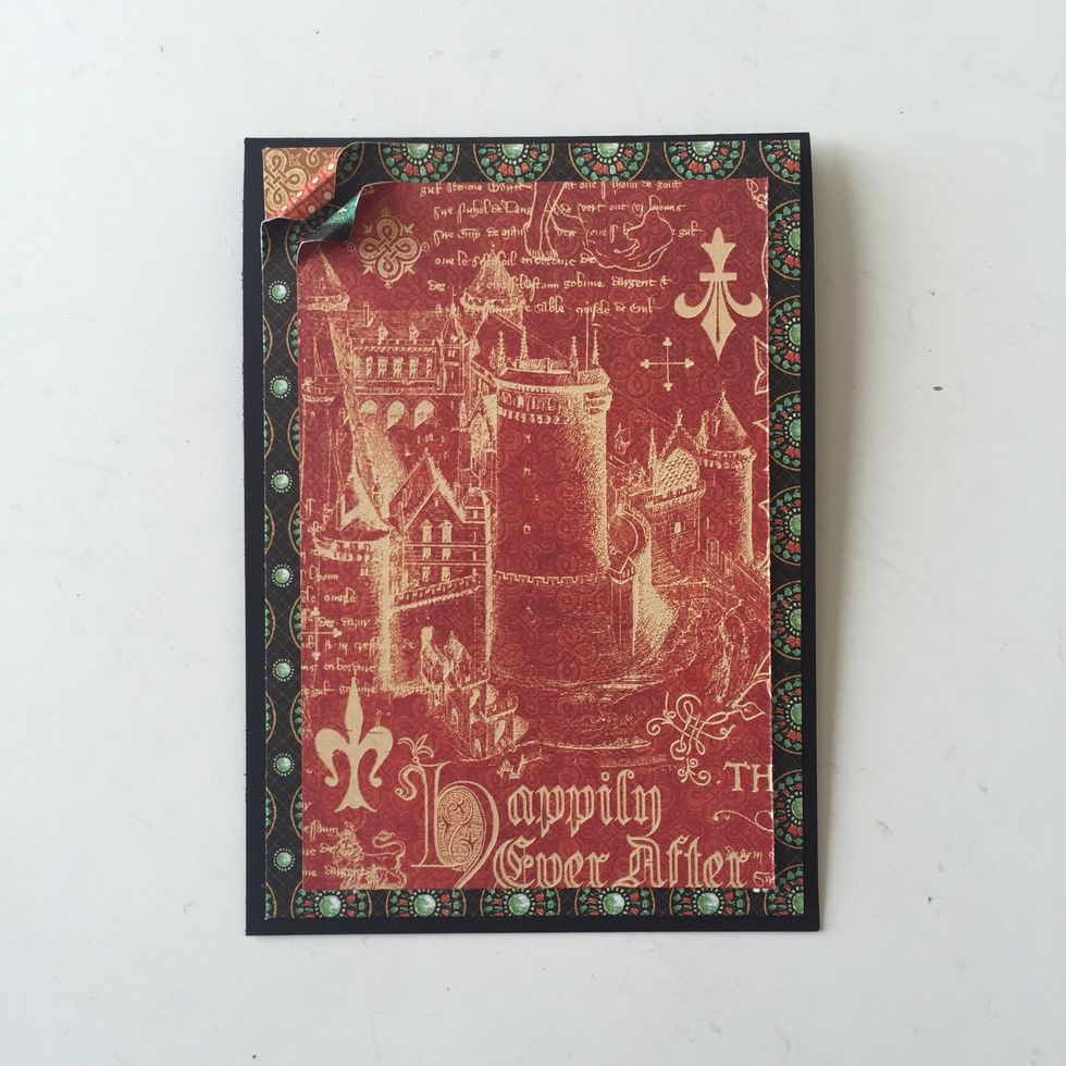 Use foam adhesive to layer a 3.5 x 5.25" piece of Exquisite Epoch. Do not use adhesive on top left corner. Curl corner up. Add gold paint, if desired.