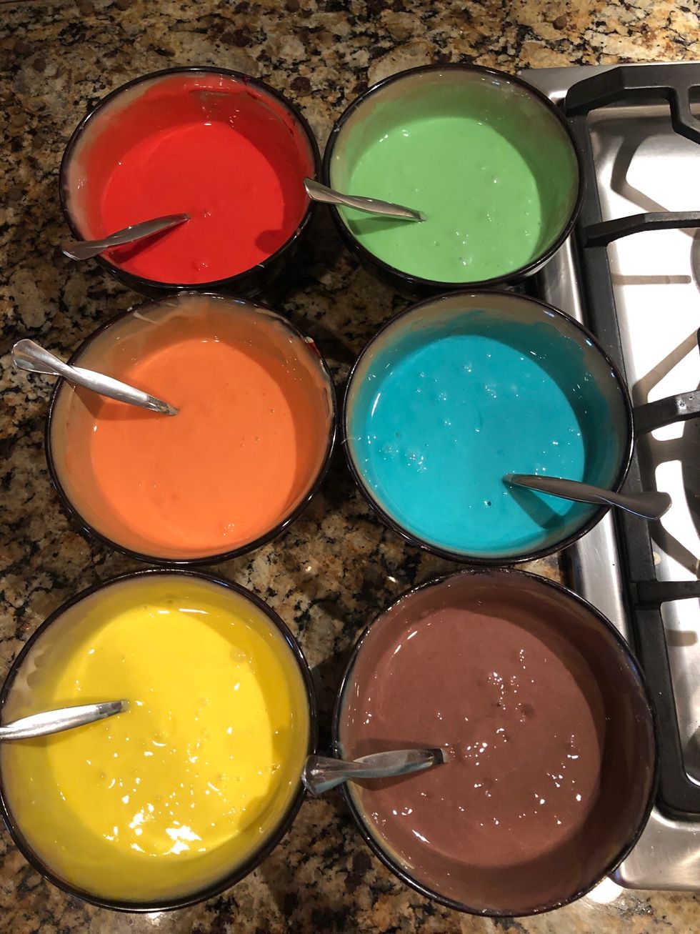 Use food coloring to make 1 bowl red, one red orange (red and yellow), yellow, green, blue, and purple (red and blue) User as many drops as necessary to get your desired color.