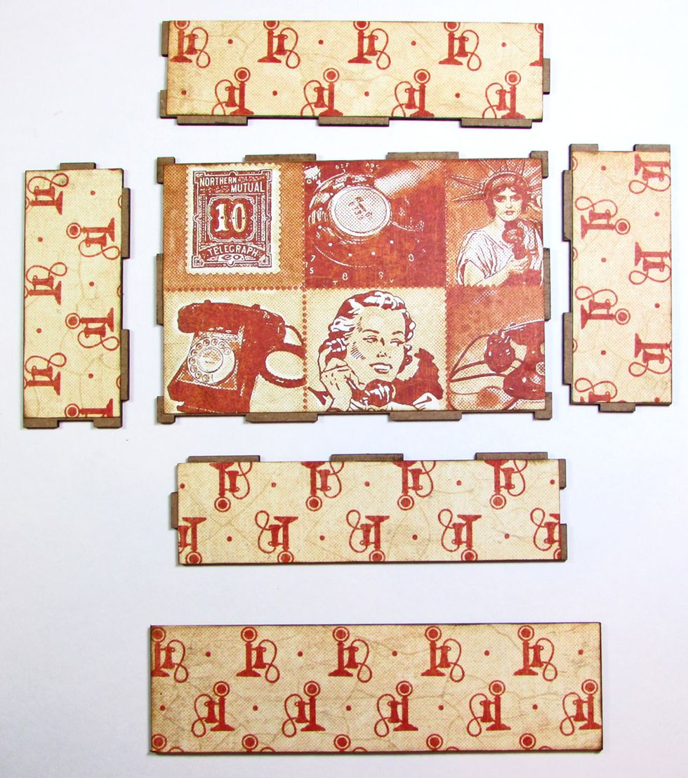 Use G45 Communique paper to cover the inside of the drawer pieces. Use gel medium. Sponge edges with ink. DO NOT PUT PAPER ON THE OUTSIDE OF THE DRAWER.
