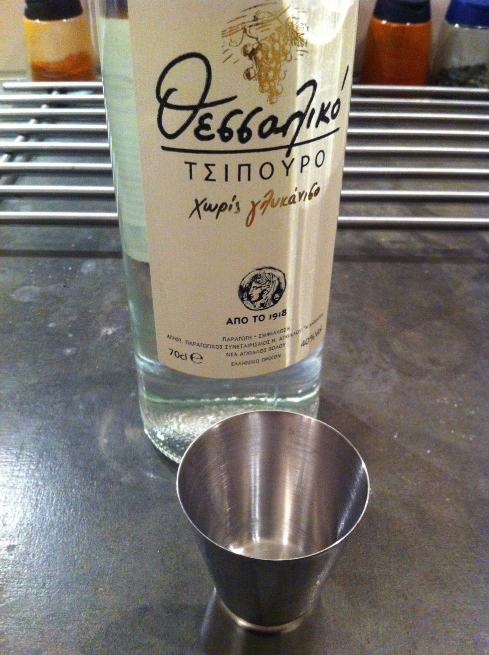 Use greek tsipouro or raki and use a measure to pour up 4 x 4 cl (1.35 Fl.oz)