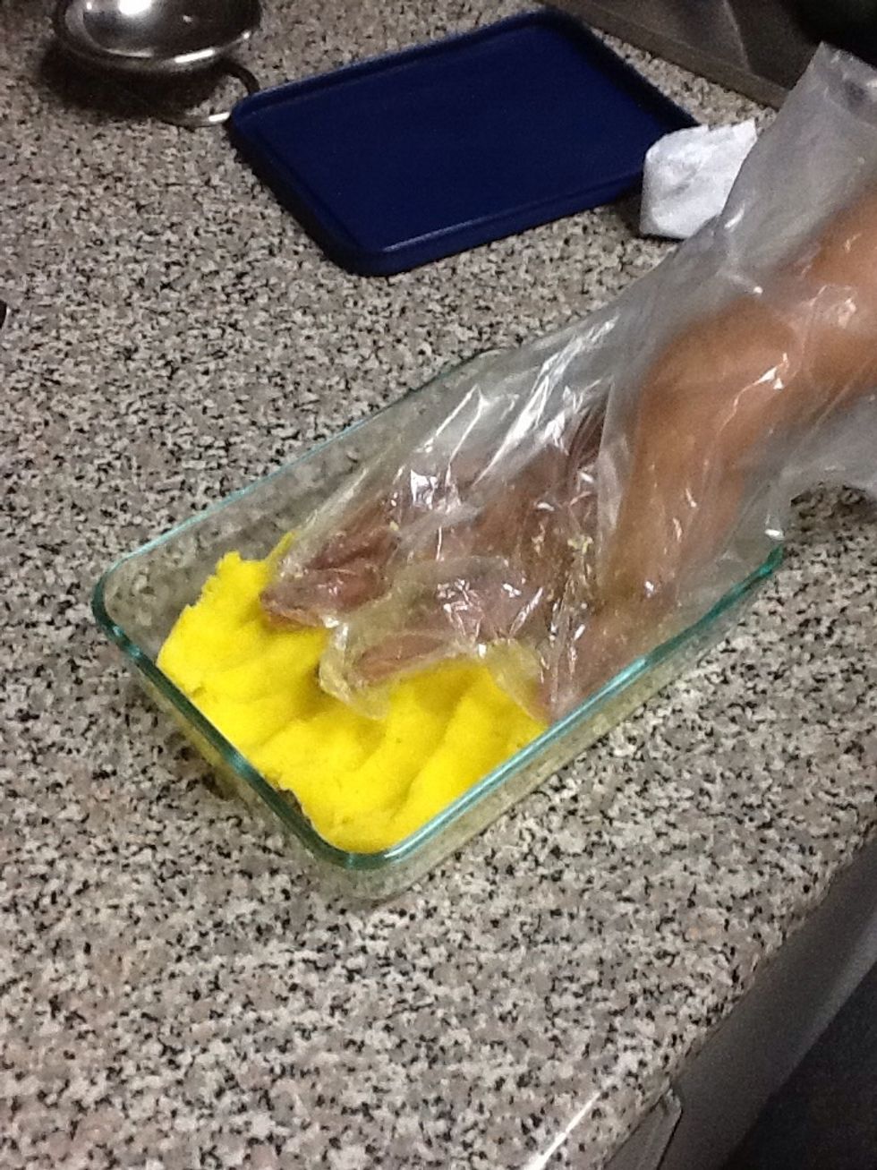 Use half of the potato mix as a base layer. I like to use a plastic bag when molding the mix to the pan, to decrease the messy factor.