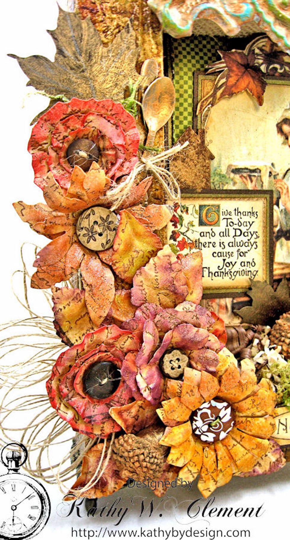 Use hot glue to arrange flowers along the left hand side of the frame. Add buttons to flower centers. Tuck in mini silverware, acorns and rusty maple leaves. Add burlap string bow to the side.