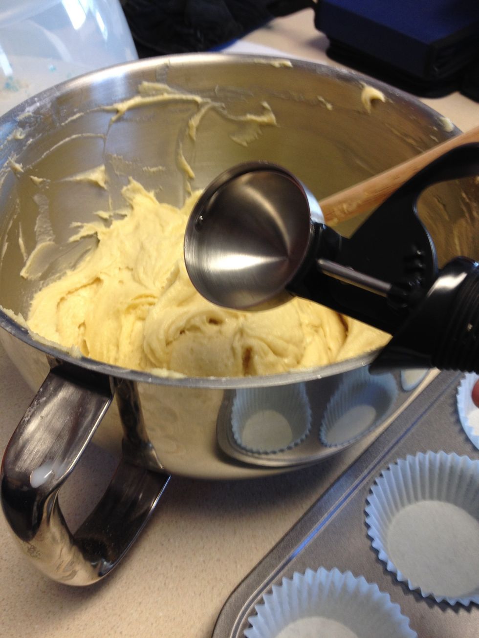 Use ice cream scoop to portion the batter evenly. Cupcake should be in the oven for 20-25 minutes