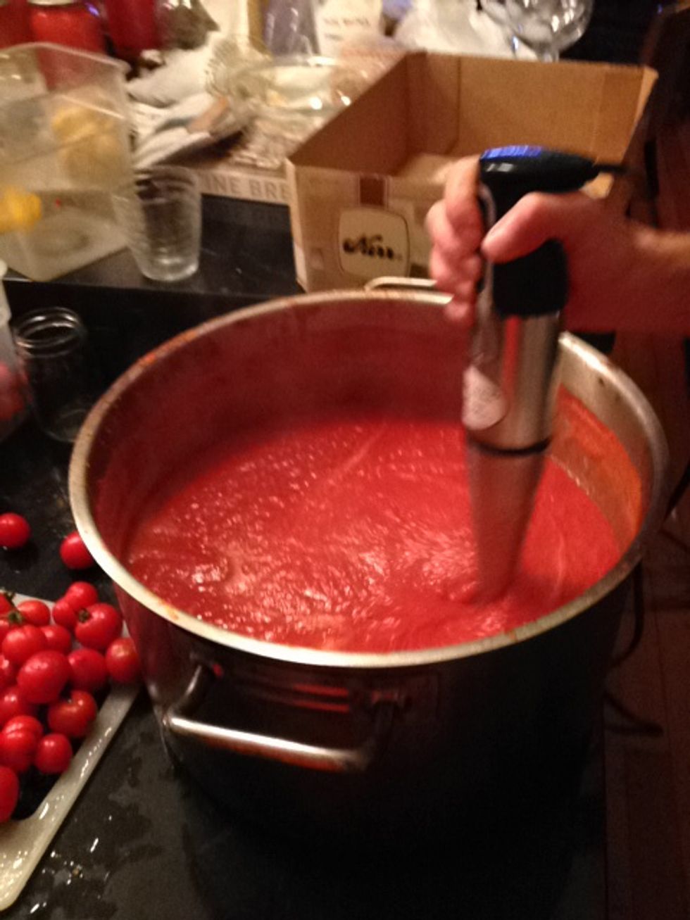 Use immersion blender to blend tomato sauce (yes, including skins and seeds) to desired consistency adding back 'tomato water' as necessary.
