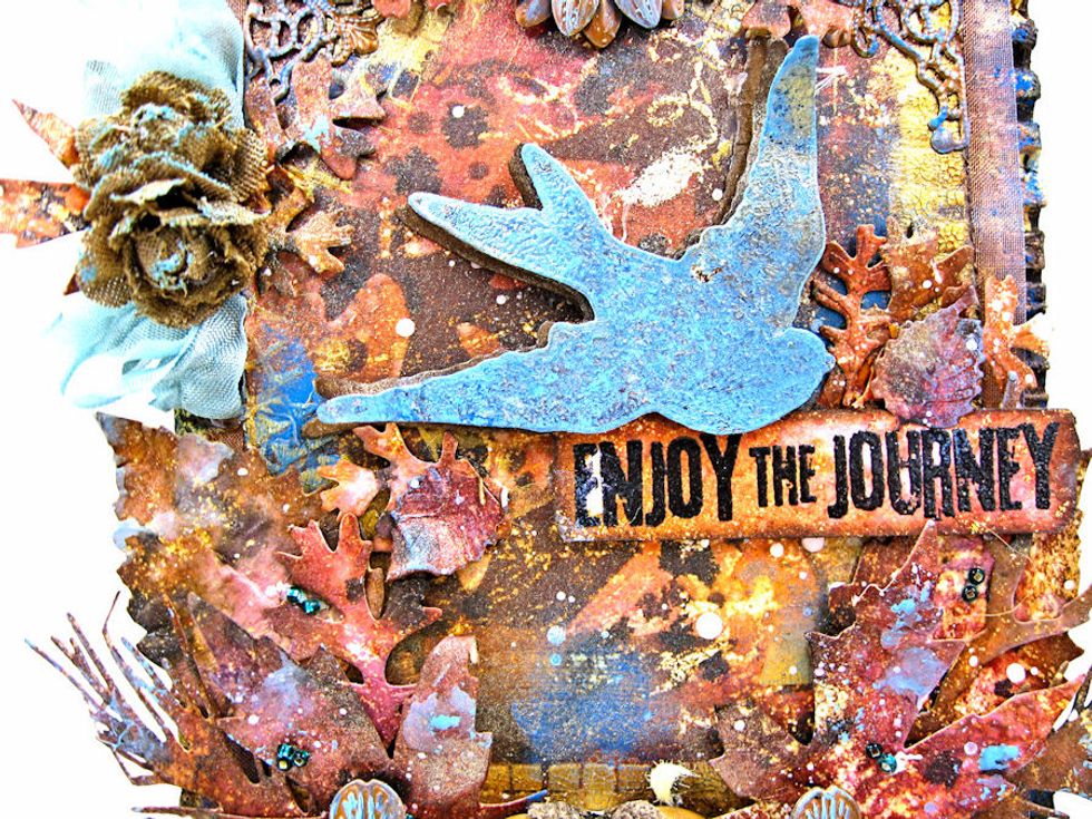 Use Jet Black Archival Ink to stamp sentiment on scrap of master board.  Heat emboss w/clear powder. Ink edges with gathered twigs.  Use foam dimensionals to attach to center of panel, as seen here.