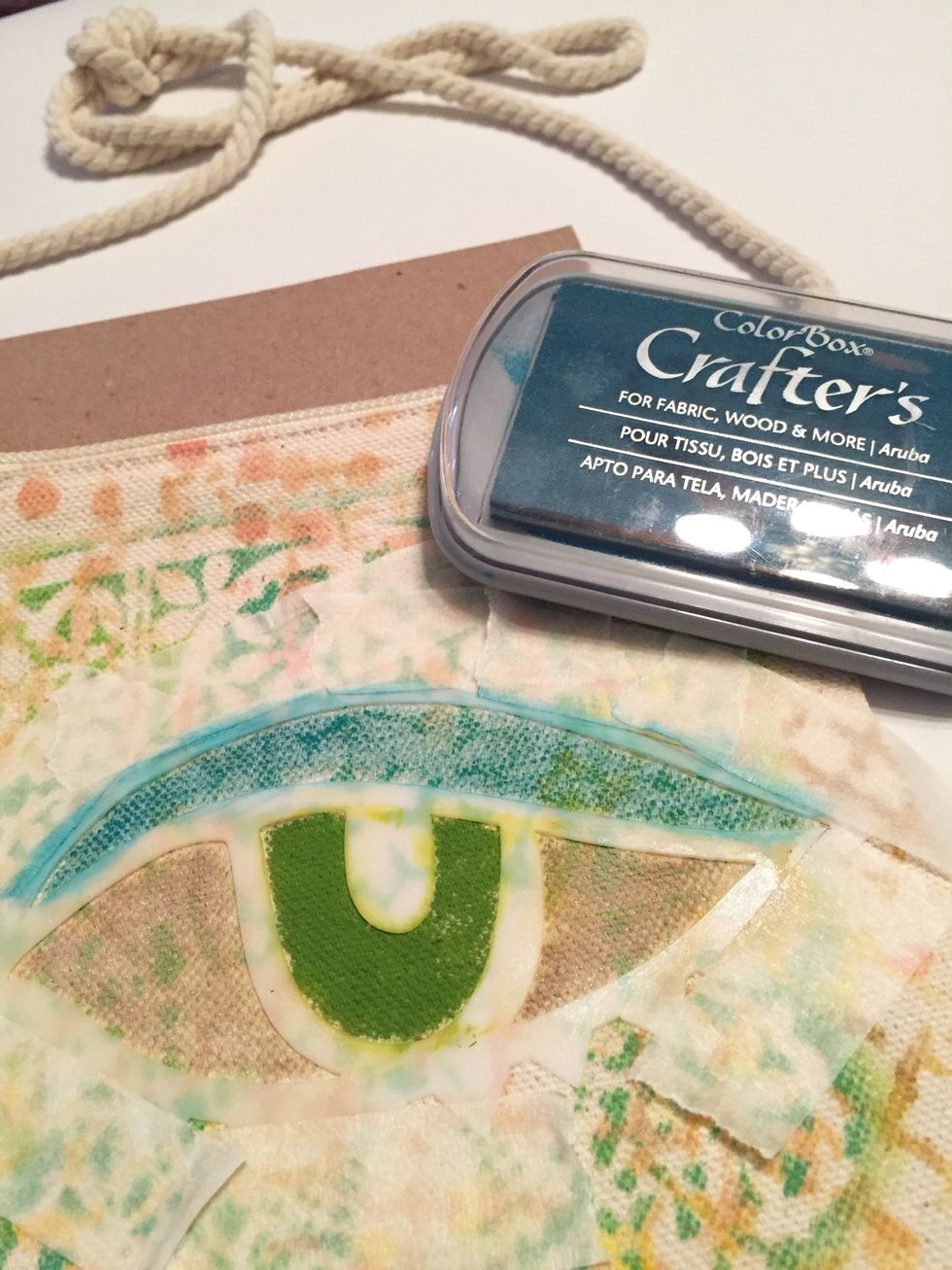use Jungle Ink to fill in iris, Desert Sand for "whites of eyes" and Aruba Ink for eye shadow.