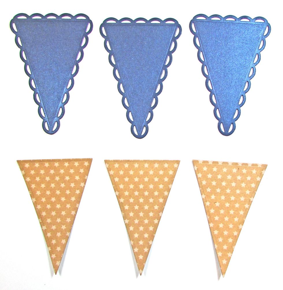 Use Lacy Pennant die to cut three pennants from Ink Curious Metallic Cardstock. Repeat with Nested Pennant die and star print kraft cardstock.