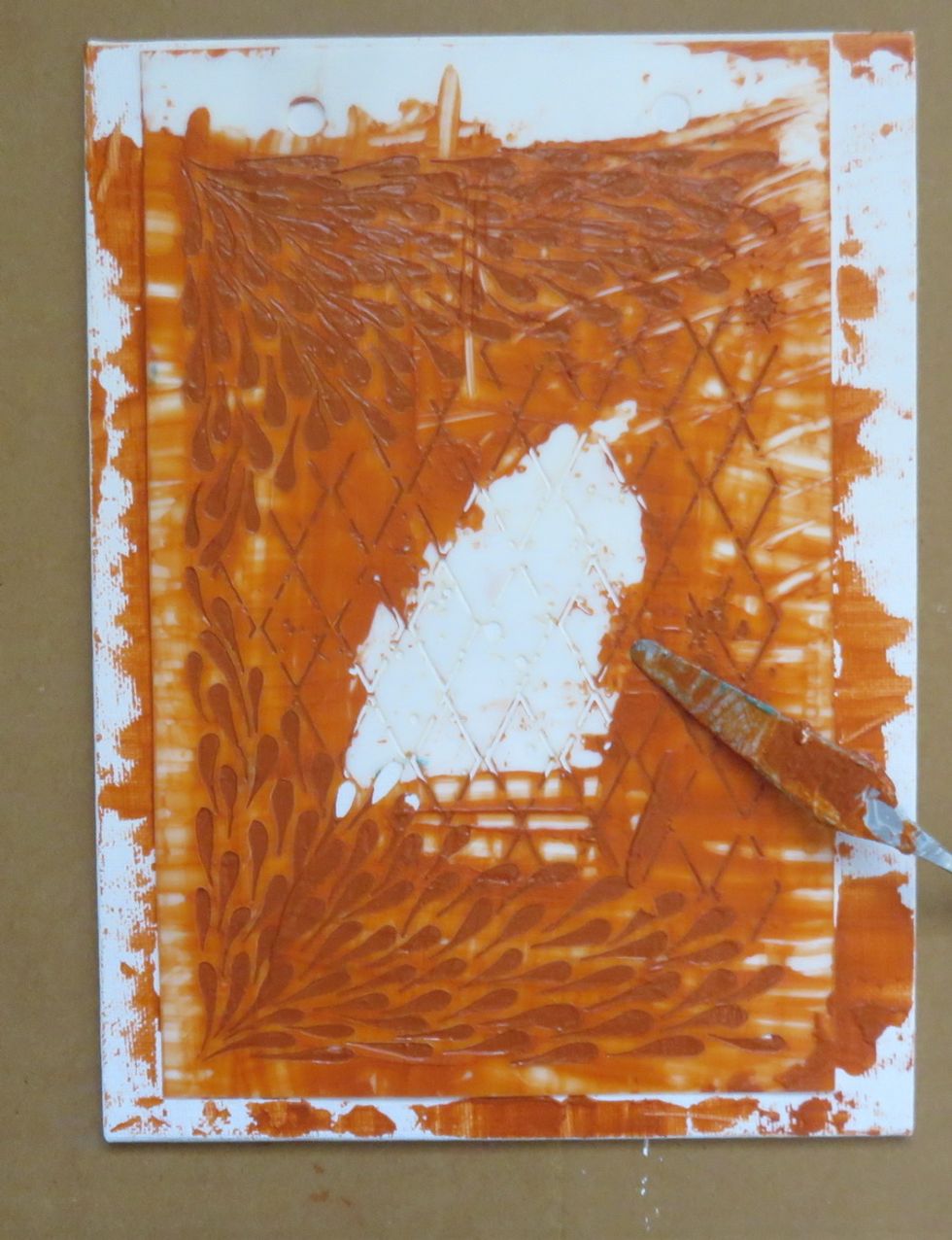 Use Lattice stencil over the canvas and cover it with half and half mix of Tango and Kona vlevet paints. Actually it was my try to make Terracotta paint that is retired and I think it worked.