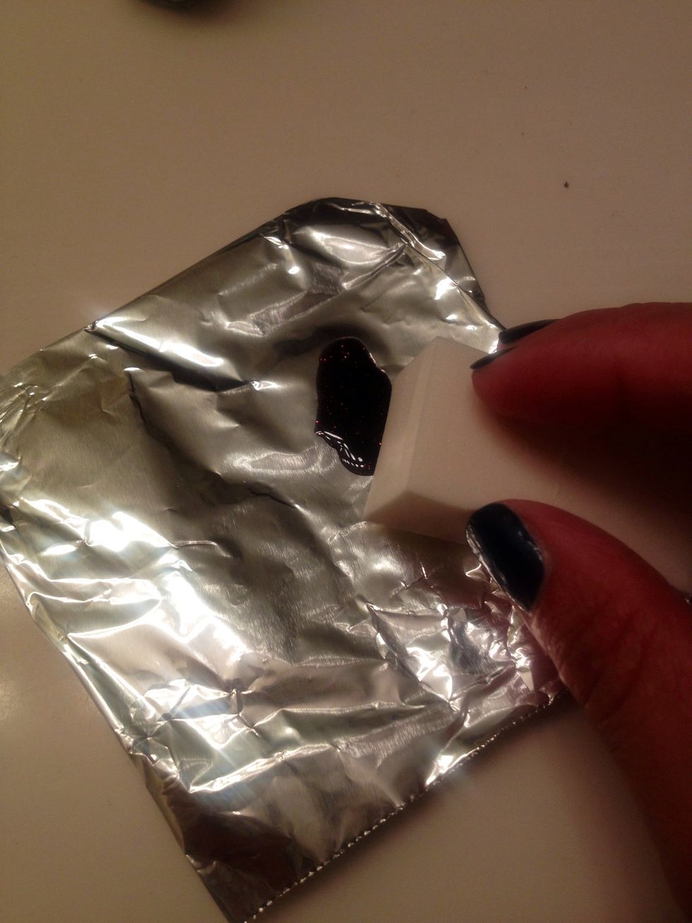 Use make up sponge to apply next color to base of nails and about halfway up the nail. Don't use too much. It takes very little polish, actually.