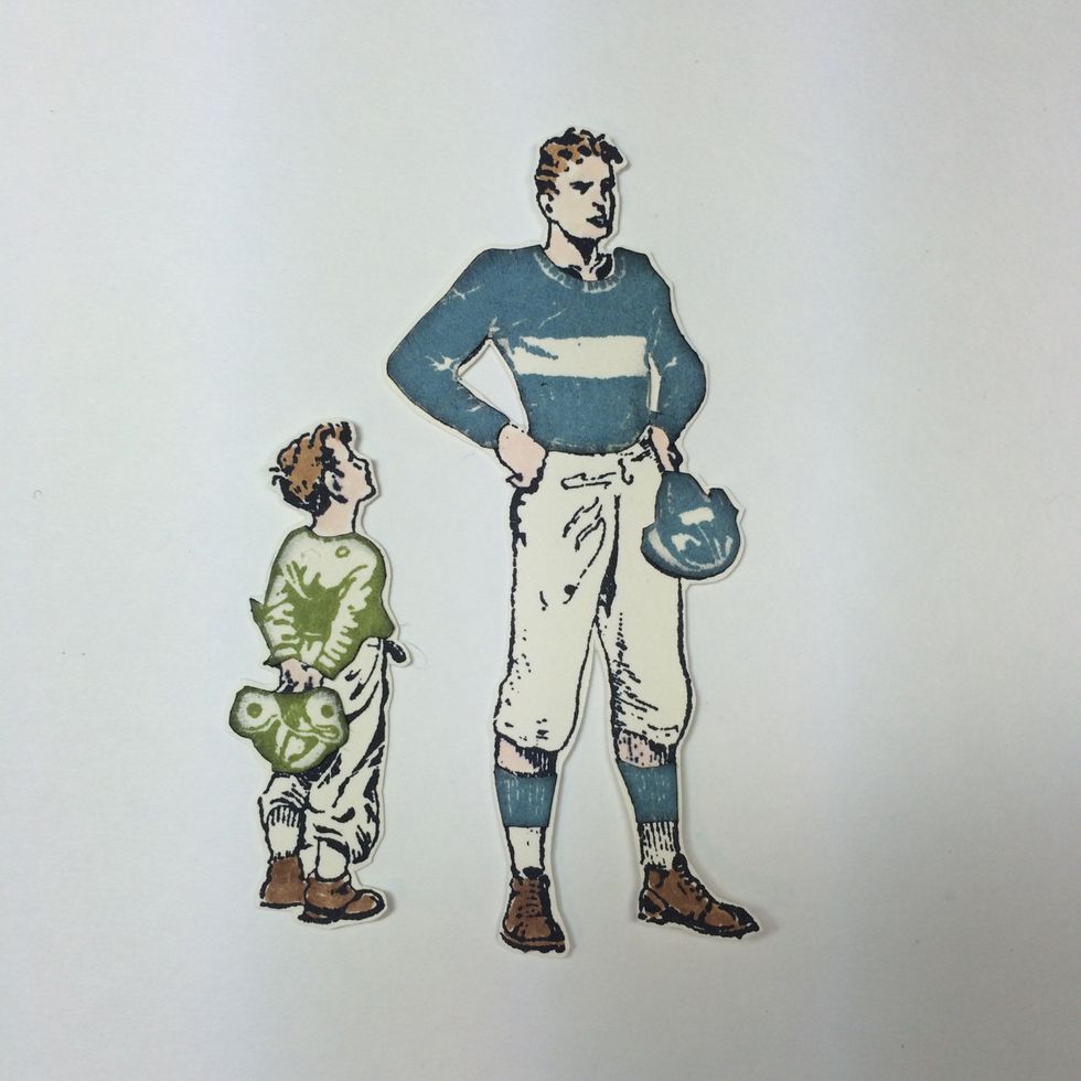 Use markers to color hair and shoes as desired. You can add soft gray shading with a marker for more dimension. (shown in step 15). Cut out boy & man closely.