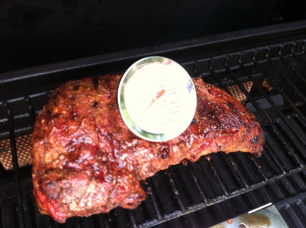 Use meat thermometer to check for doneness. NEVER CUT INTO THE MEAT TO CHECK! This will cause all the natural juices to run out and the meat will be dry. 160 degrees for medium rare to medium.