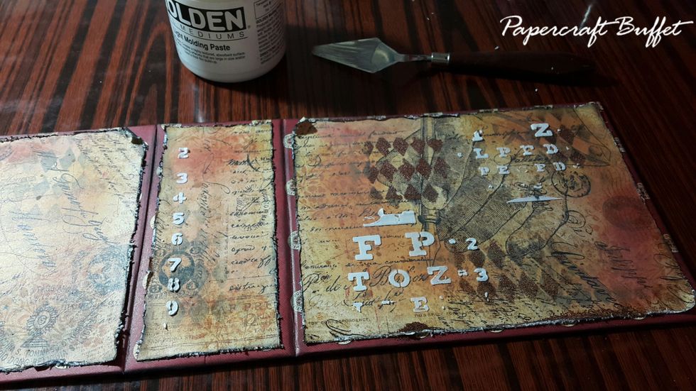 Use molding paste and stencils to make dimensional on the cover, in white or mix other colors if you like