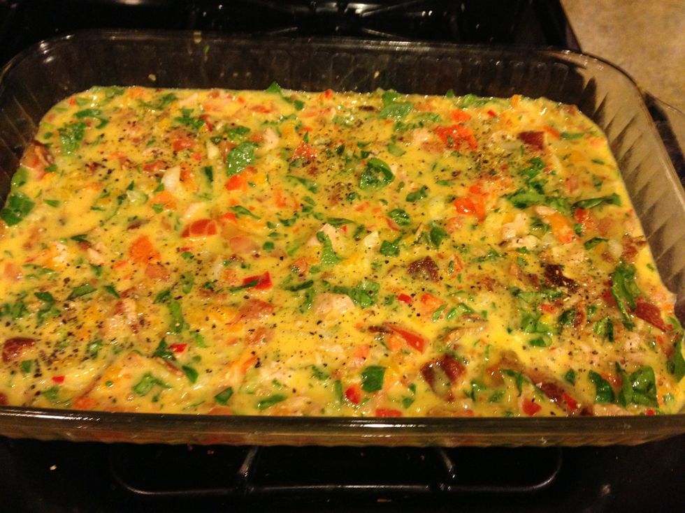 Use non-stick spray on 9x13 dish and bake on 350 for 20-30 min.