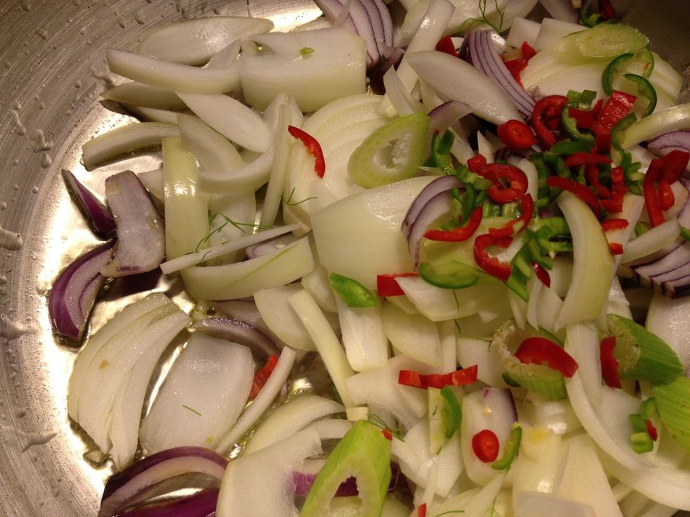 Use olive oil to heat the onions, fennel and chilis