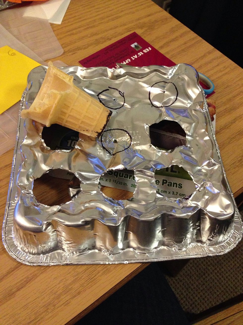 Use one Ice cream cone to measure the size of the circle needed in the pan to hold them upright in the oven