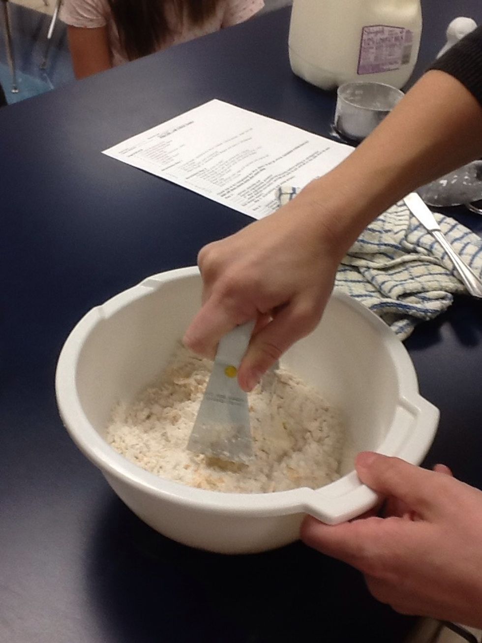 Use pastry blender to cut in the butter into the flour mixture. Butter should be into small crumbles
