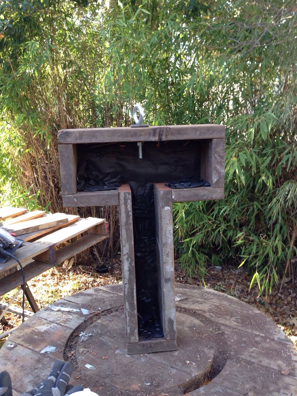 Use recycled wood for the frame. Sizes will vary. Place water proofing mesh on back. Drill drain holes on the bottom of each bottom facing surface to allow for drainage.
