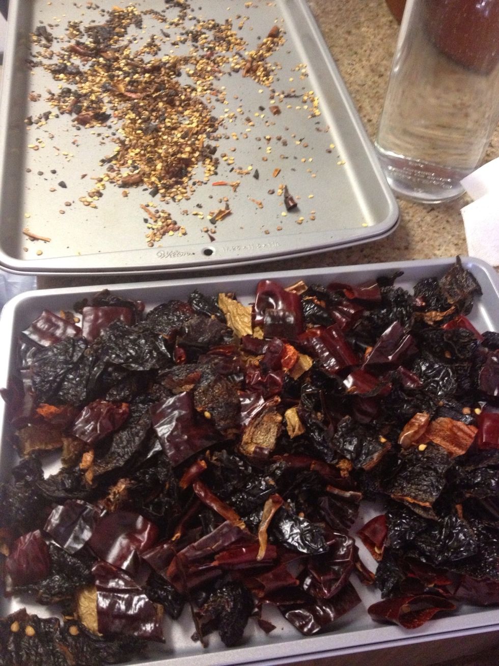 Use scissors to cut peppers down into 1  inch segments. Save the seeds for another operation  and toss the stems.