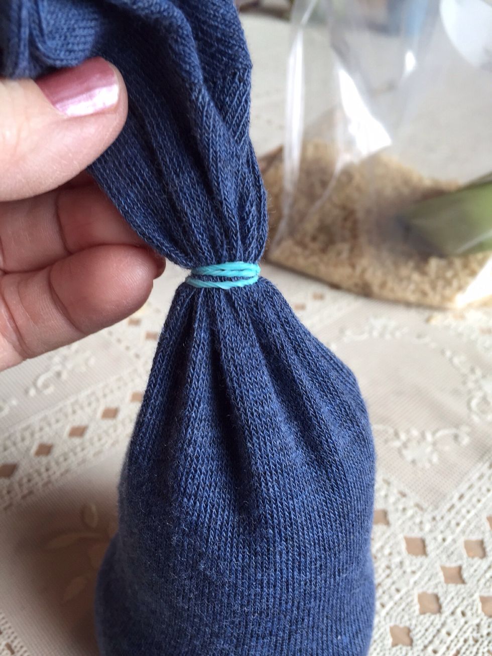 Use small rubber band (or twine) to tie off what will be the top of the bunnies head.