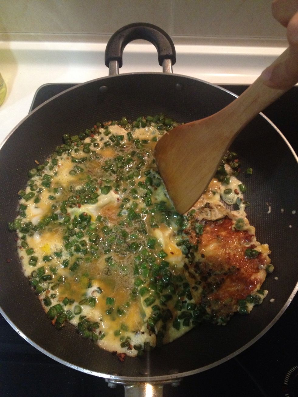 Use spatula to break to smaller pieces.