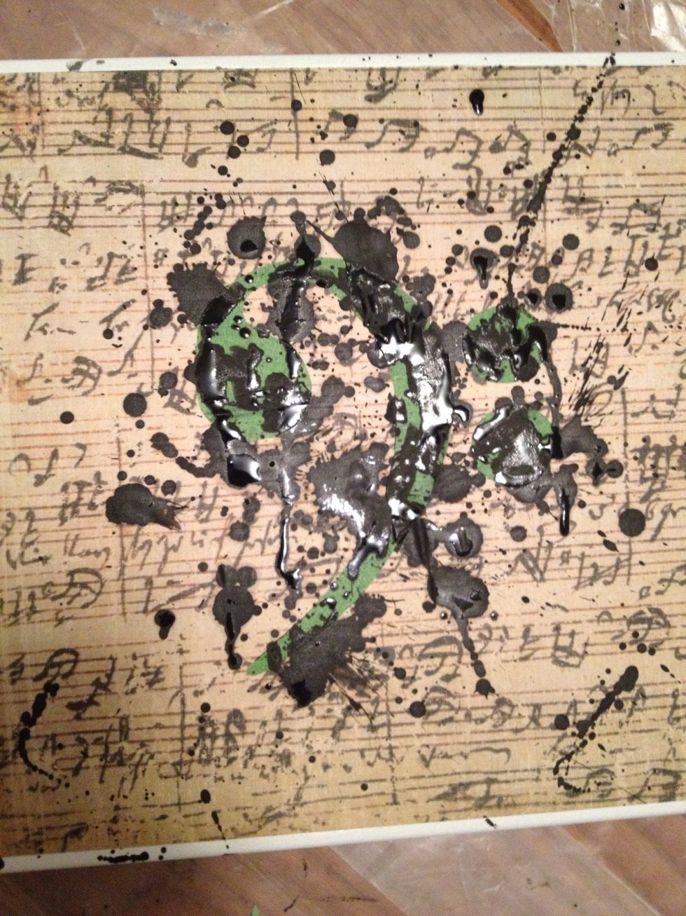 Use sponge, paint brush, fingers, anything to get some cool messy look to your project. I like to flick puddles of paint that form to add to the splatter look. Let dry overnight.