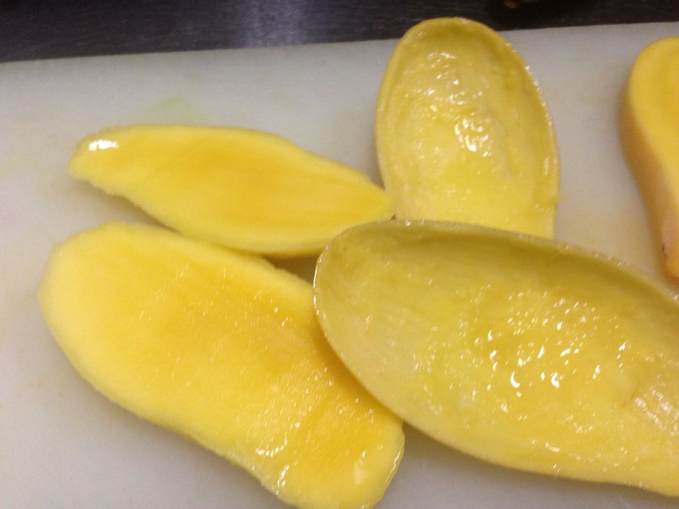 Use spoon to scoop mango from skin
