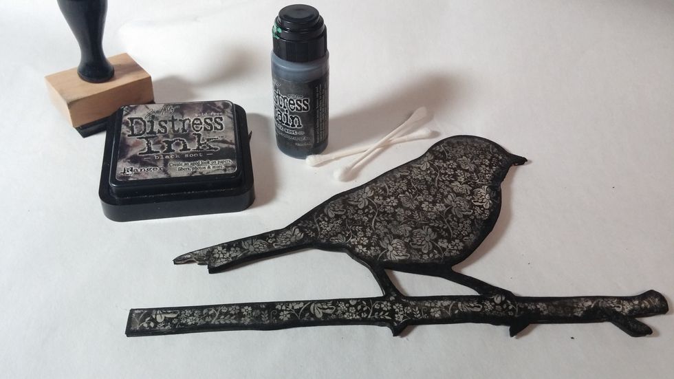 Use stain on all the edges. To get in tiny nooks and crannies, I used a q-tip. I also added a bit of ink to blend in the harsh stain lines.