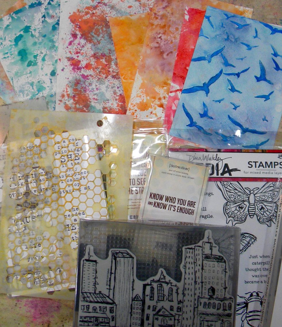 Use stamps and archival ink pads, stencils, and Art Anthology mediums to embellish each card. I kept them simple because I wanted the shimmery inks to be the star.