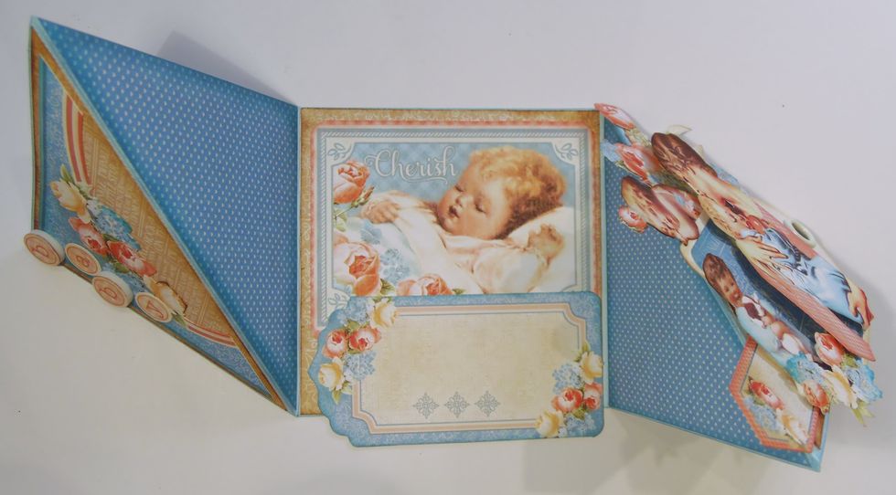 Use tags and fussy cuttings to decorate the inside. I do not recommend using foam dots to give dimension because it will prevent the card from closing flat.