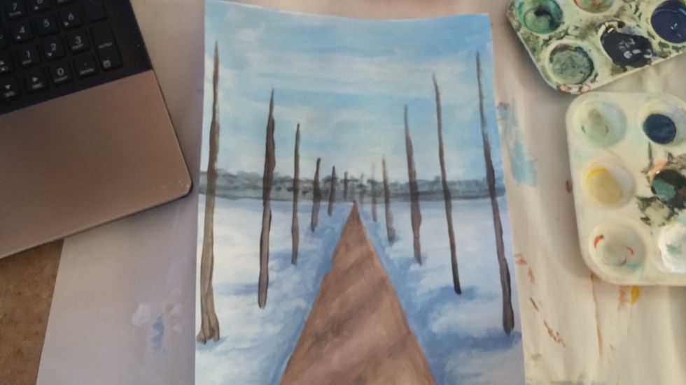 Use the colors you mixed for the trunks. make trunks at each of the places previously marked.