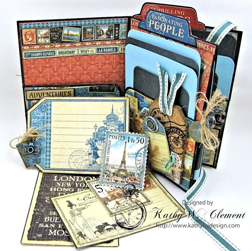 Use the cut apart pages to create tags, journaling spots, postcards and more to fill the pockets. Add charms, burlap string and brads for extra fun. These charms were tapped with Broken China Paint.