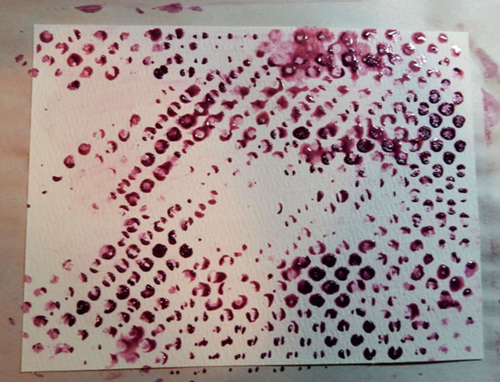 Use the Dottie Stencil on the second water color panel painting Imperial Sorbet randomly through the stencil.