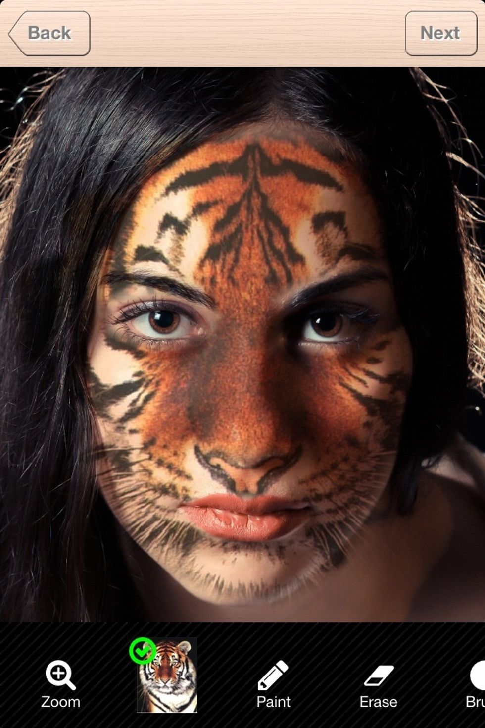 Use the erase button to hide the part of tiger face you don't want. Zoom in further if the brush is too big. I erased in eyes and mouth area. If you erase too much, use paint tool to fix it.