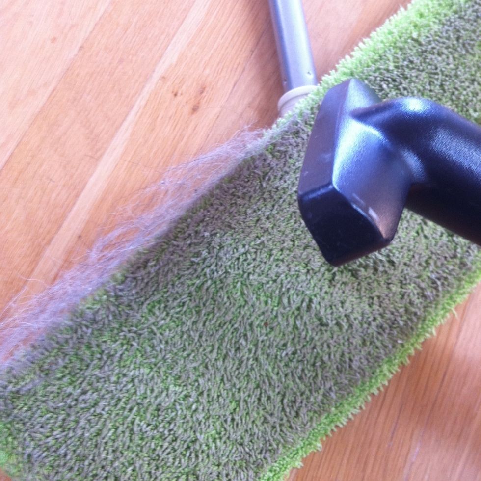 Use the fabric brush head of the vacuum cleaner to get all of the hear off the microfiber mop head.