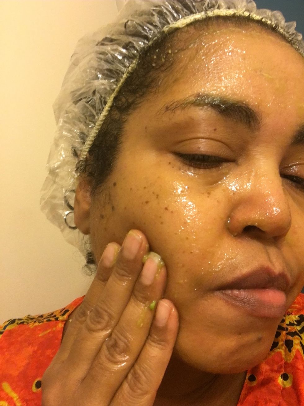 Use the little left over on your face and leave on for at least 1/2 hour. Wash face with mild soap and moisturize with a bit of coconut oil or olive oil.
