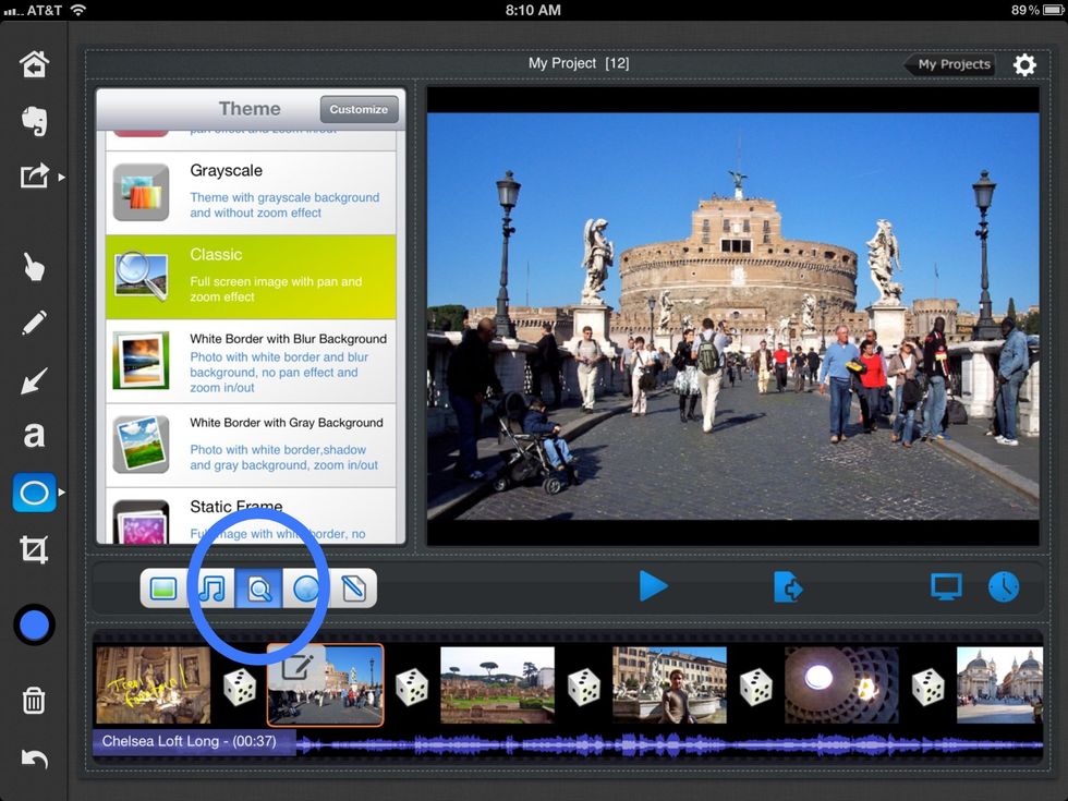 Use the menu on the bottom left to add a theme or template to your video slideshow.