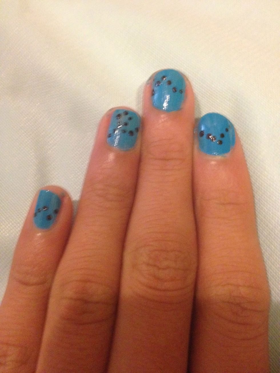 Use the nail dotter or toothpick (cut it in half, and cut a small bit of the tip, use the smaller side) to draw a line of dots\ud83d\ude0a