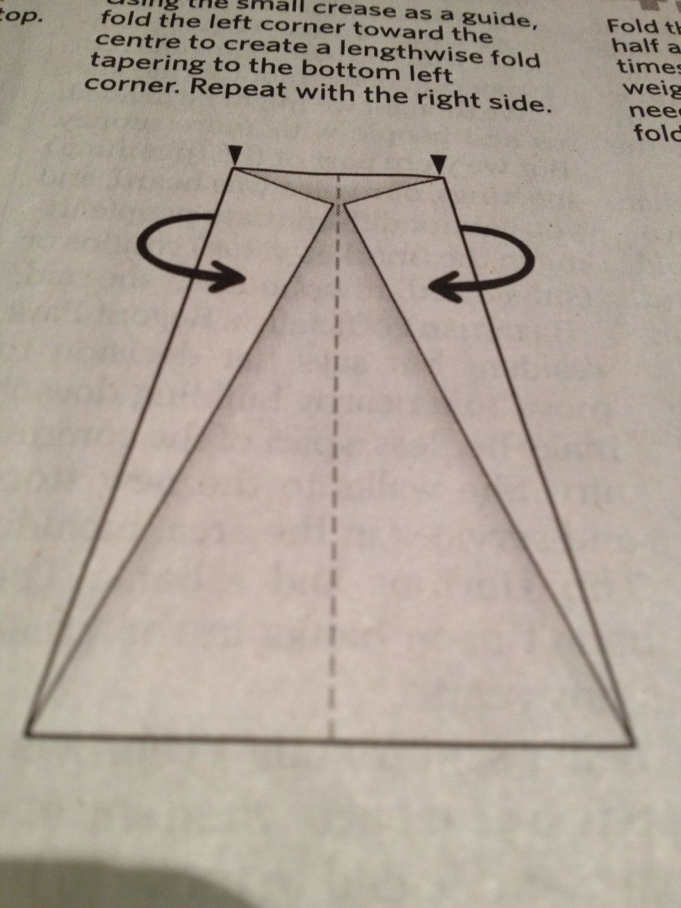 Use the small crease as a guide, fold the left corner towards the center to create a lengthwise fold tapering to the bottom left corner.  Repeat with the other side.