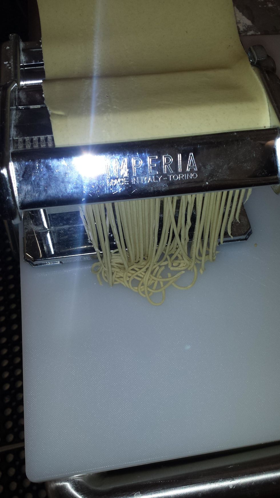 Use the smallest noodle cutting attachment, or cut by hand. You'll see how tough this dough is as you roll it out...the noodles have a lot of spring to them thanks to the Sodium Carbonate.