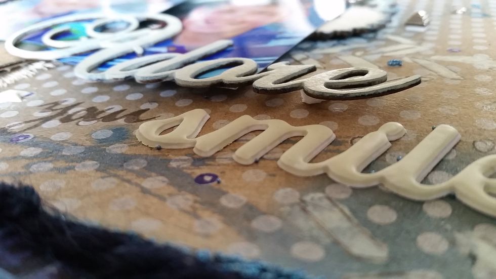 Use the Tombow Power Tabs to lift sections so they lay flat like the title "Adore".  I also used the Chocolate Tombow Dual Brush Pen on the fine tip end and traced the edges of the stenciled areas.