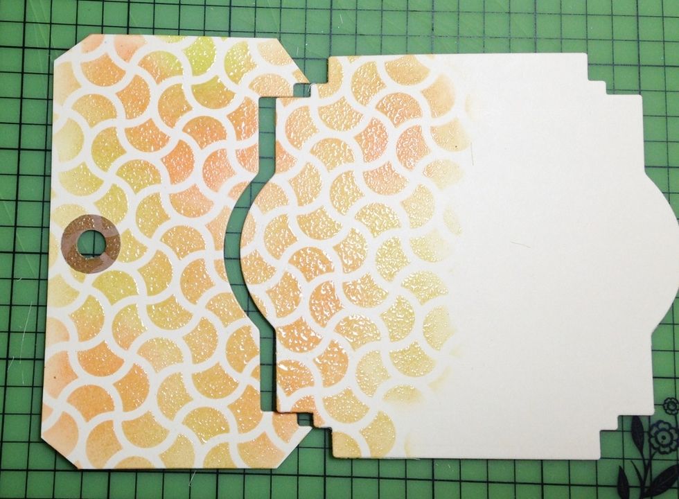 use the top portion and diecut label to create stamped scene for card - reserve remaining portion of tag to use for sentiment