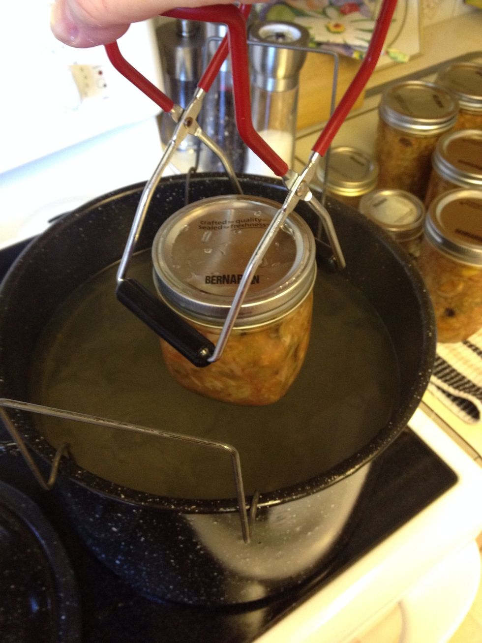 Use tongs to put in water. (staged shot since this jar did not fit my canner). Don't force jars in, they will break and you'll get antipasto soup, trust me!