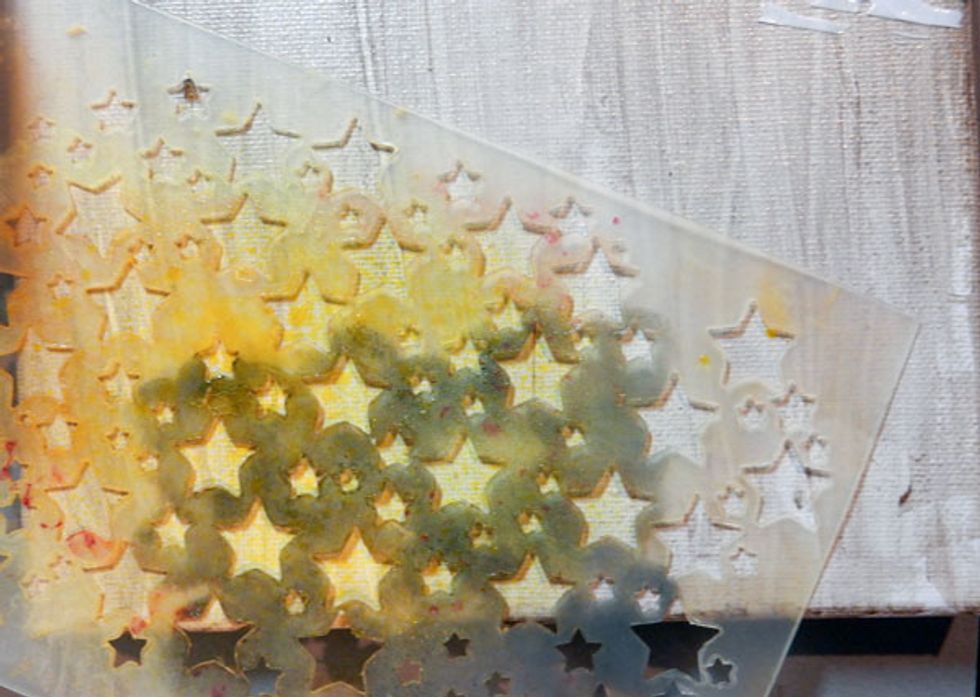 Use Twilight stencil in opposite corner and spritz with Glorious Colorations.