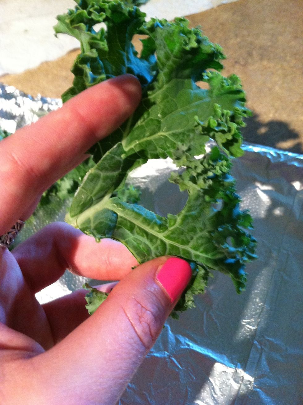 Use your fingers to tear kale into chip-sized pieces. Nothing has to be exact or perfect. Load up your baking sheet with the pieces.