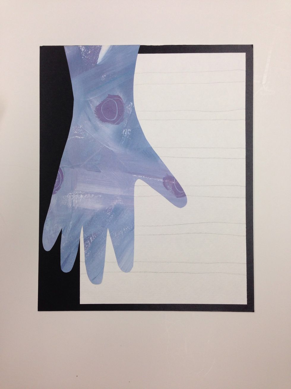 Use your glue stick to adhere your hand cutout on top of the watercolor paper as shown. Be sure to put glue stick all the way to the edges and press them down firmly to keep them from curling up.