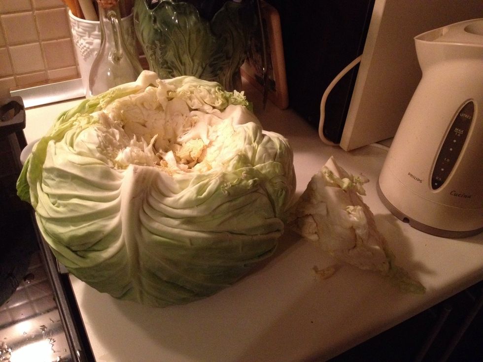 Use your knife and take the bottom (stem) of the cabbage. You can use this part for a soup.
