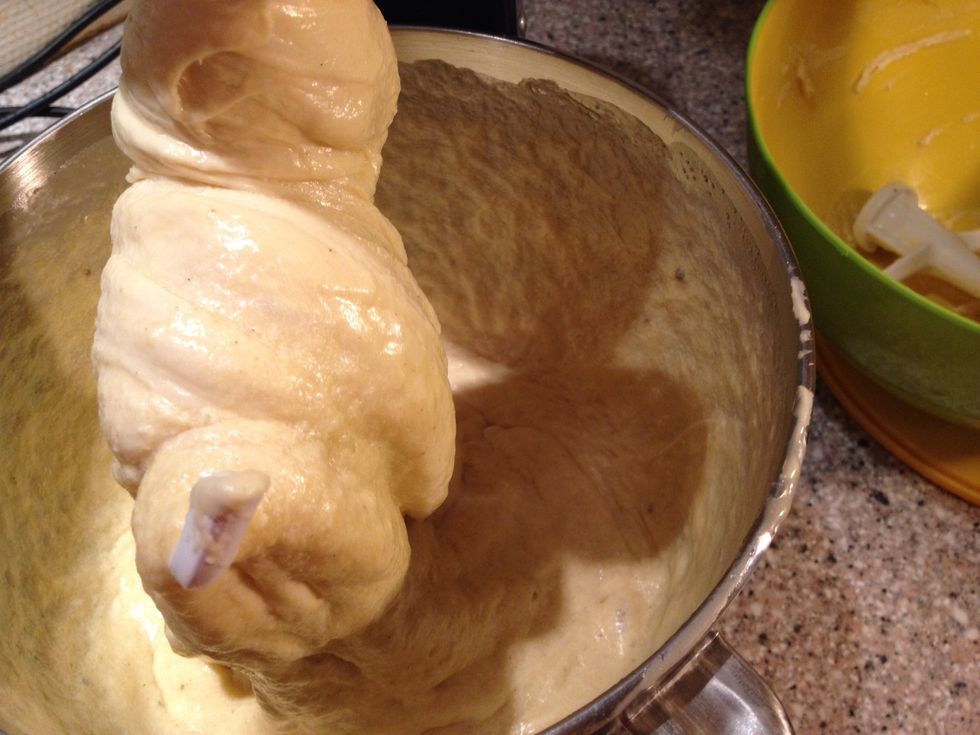 Use your machine to combine the 2 doughs. First add liquids to the first dough and mix until combined. Then add flour until you have a smooth, slightly sticky dough.