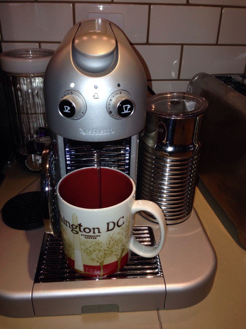 Use your Nespresso machine and add coffee to the butter and oil. I use the preset large setting and it comes to about half the mug- that's perfect for foaming.