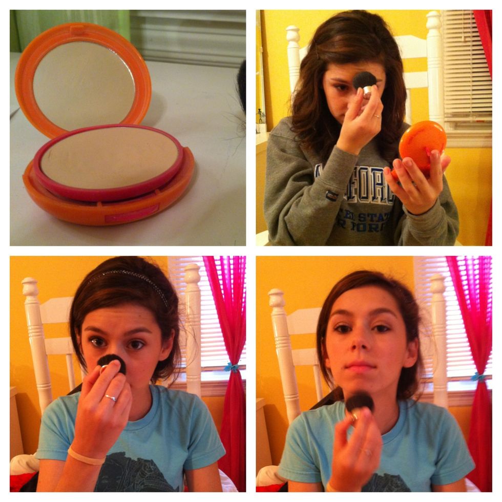 Use your Shade of pressed or loose all over face powder and apply it with a fluffy blush brush, on your T-bone (forehead, nose and chin)